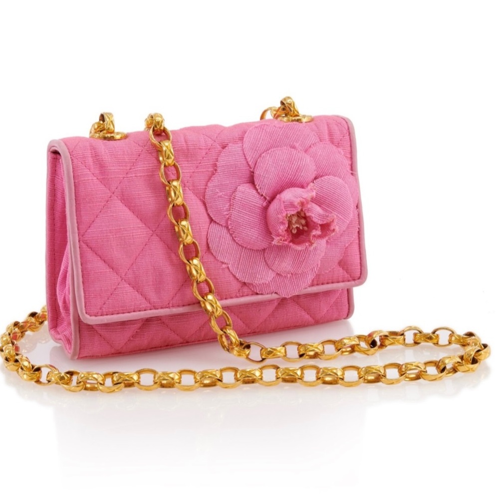 CHANEL TWEED PINK QUILTED FLOWER FLAP MINI PURSE VINTAGE RARE
